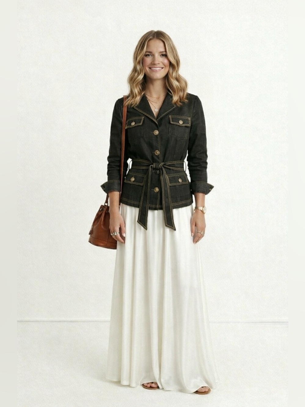 Women's Black Linen Belted Utility Jacket with Beige Contrast Zigzag Stitching